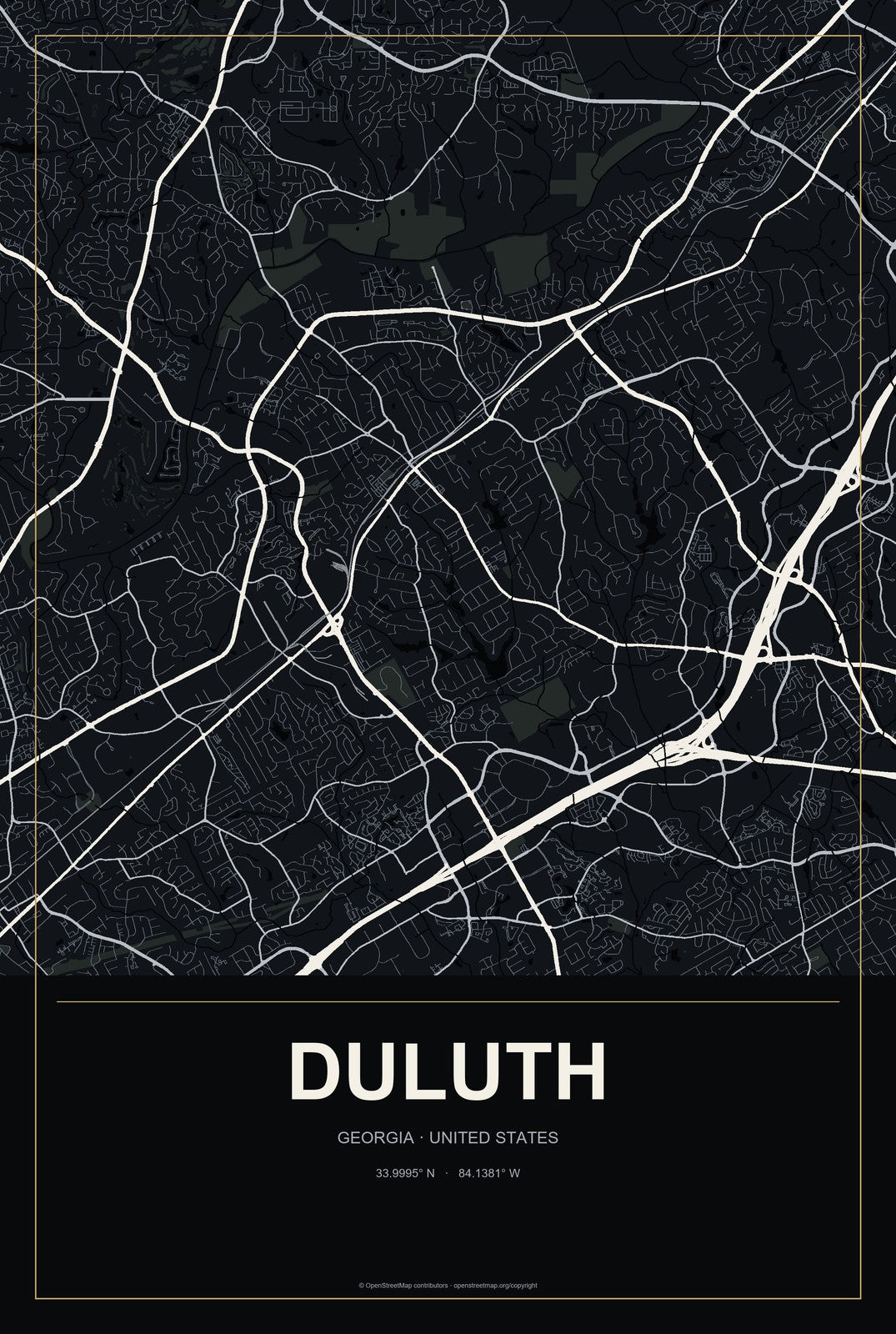 Duluth, Georgia City Map Aluminum Sign in Metropolitan Noir style