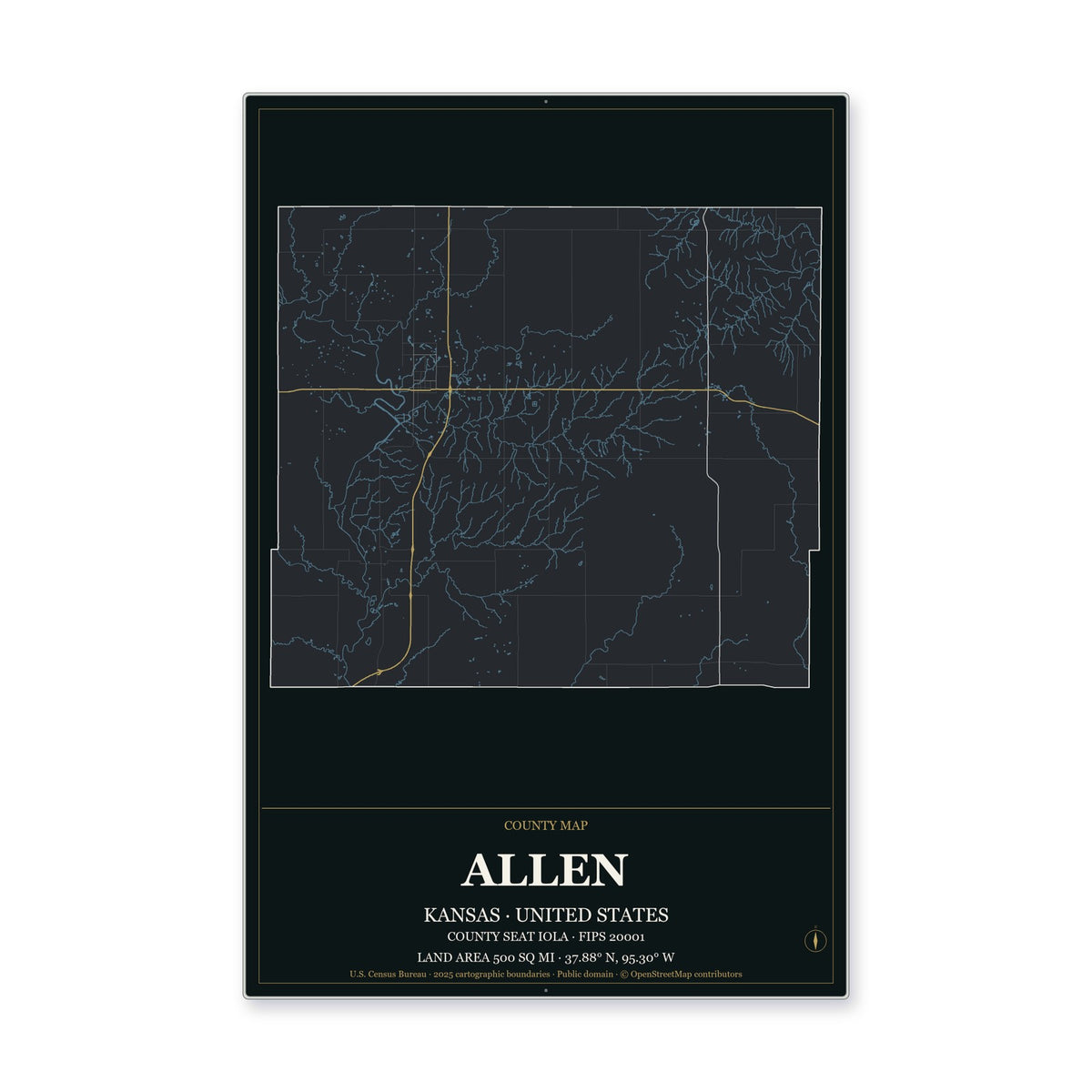 Allen County, Kansas Map Aluminum Sign in Metropolitan Noir style