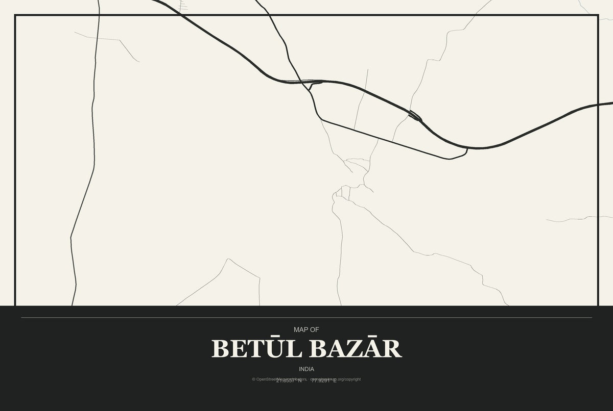 Betūl Bazār, India City Map Aluminum Sign in Museum Plaque style