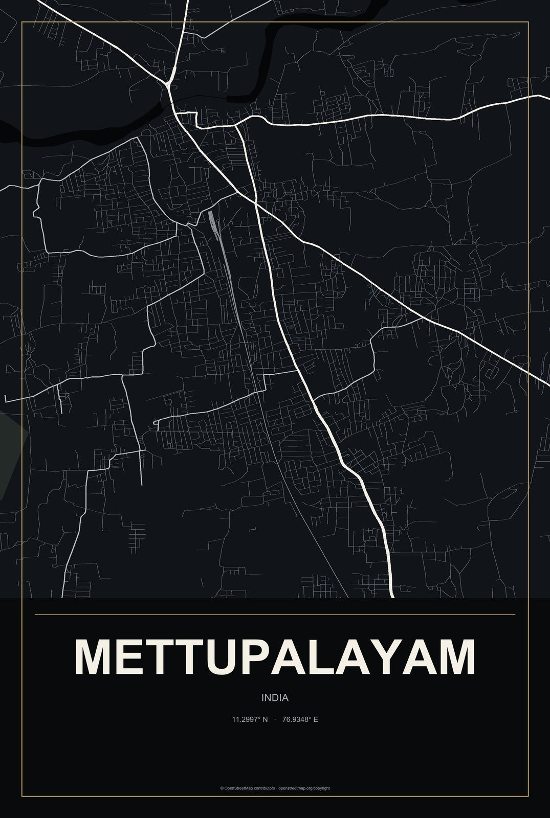 Mettupalayam, India City Map Aluminum Sign in Metropolitan Noir style