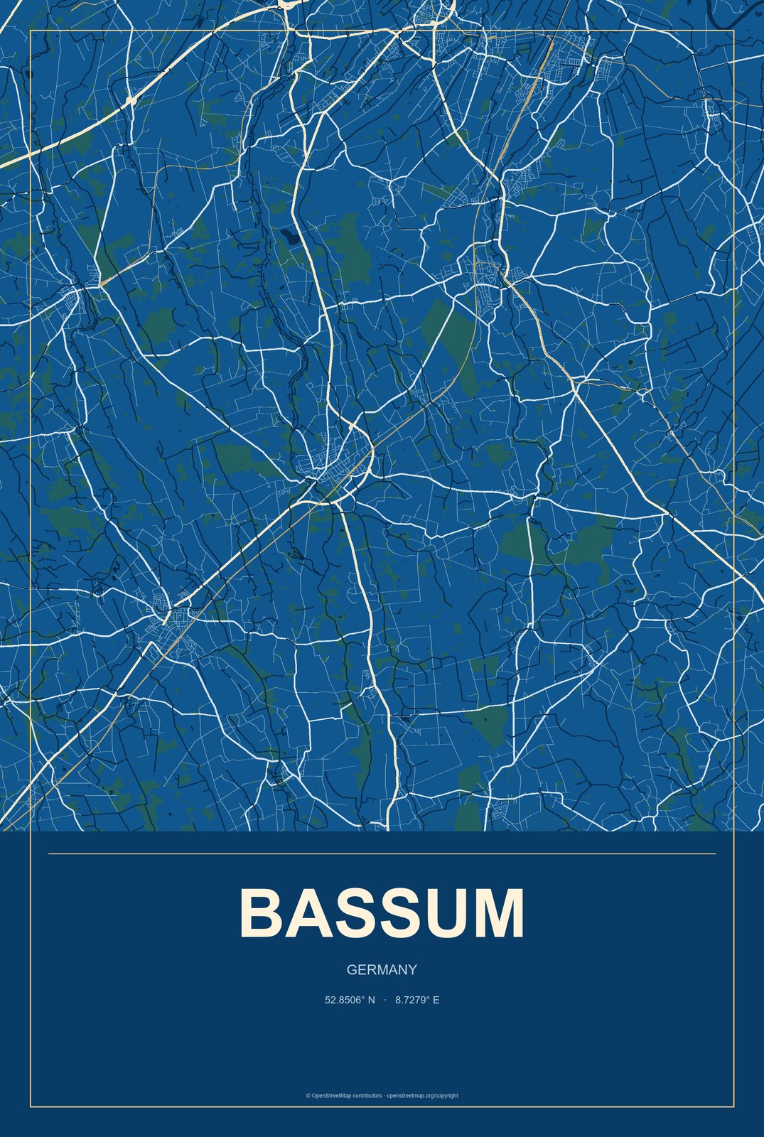 Bassum, Germany City Map Aluminum Sign in Harbor Cobalt style