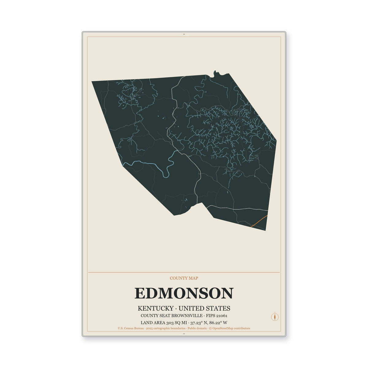 Edmonson County, Kentucky Map Aluminum Sign in Headline Atlas style