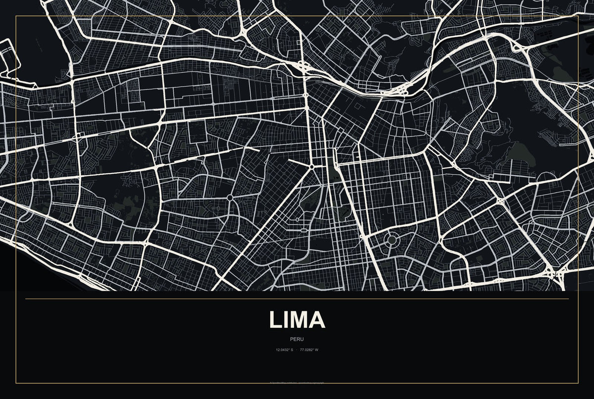 Lima, Peru City Map Aluminum Sign in Metropolitan Noir style