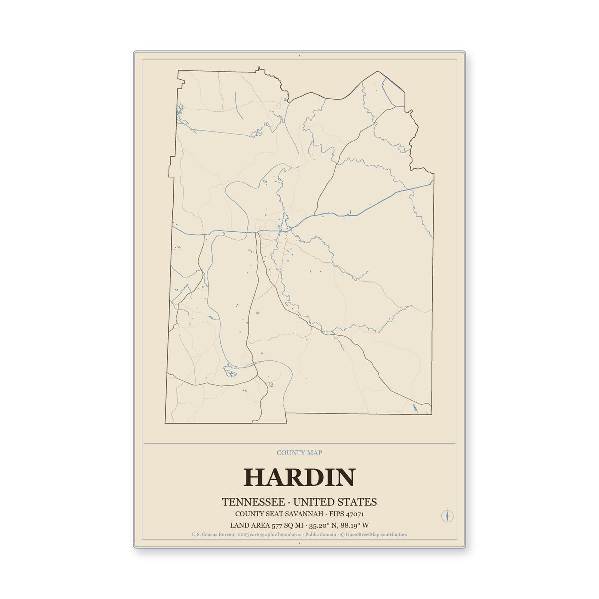 Hardin County, Tennessee Map Aluminum Sign in Heritage Nautical style