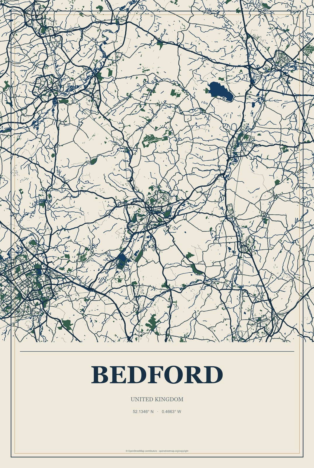 Bedford, United Kingdom City Map Aluminum Sign in Coastal Cutout style
