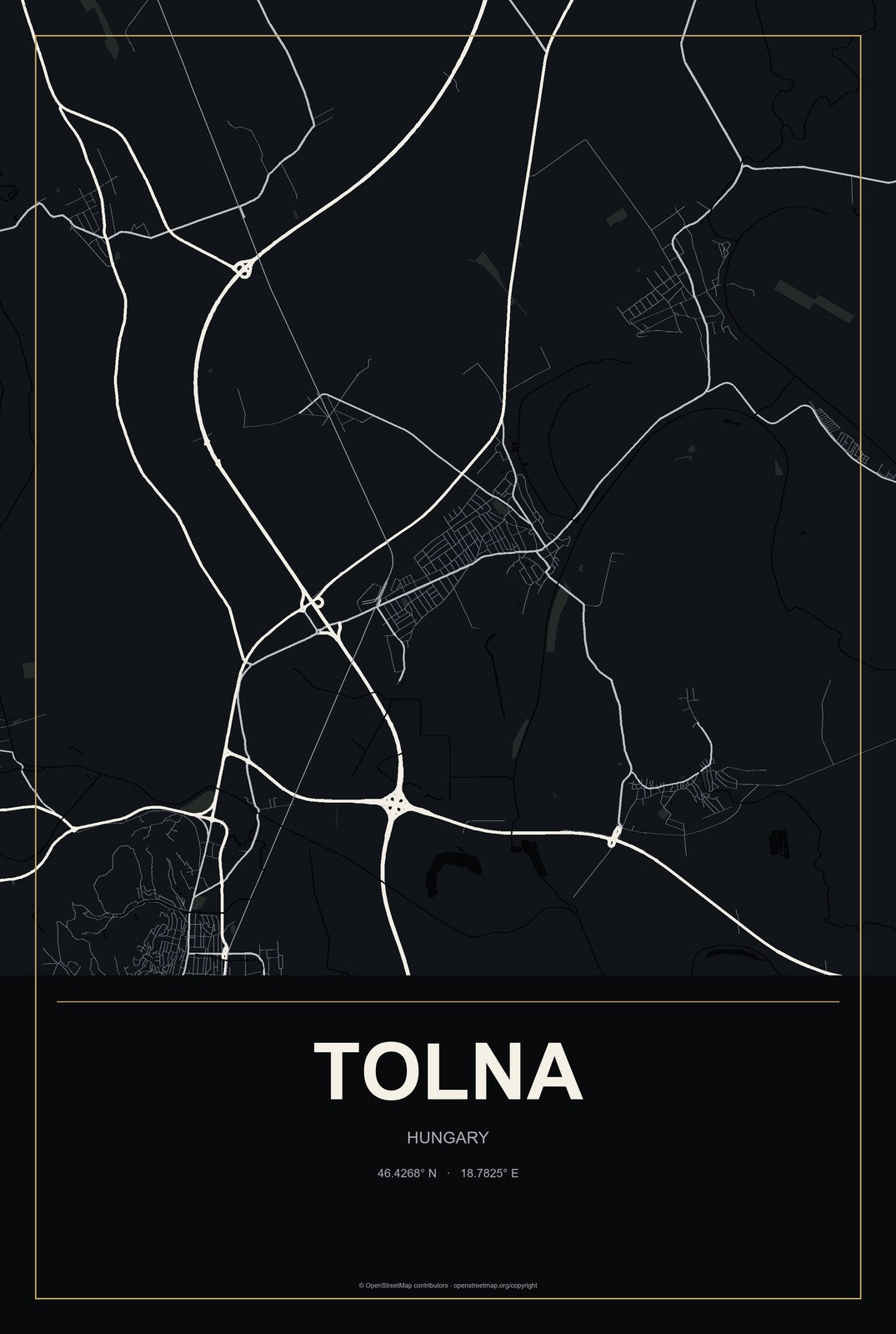 Tolna, Hungary City Map Aluminum Sign in Metropolitan Noir style