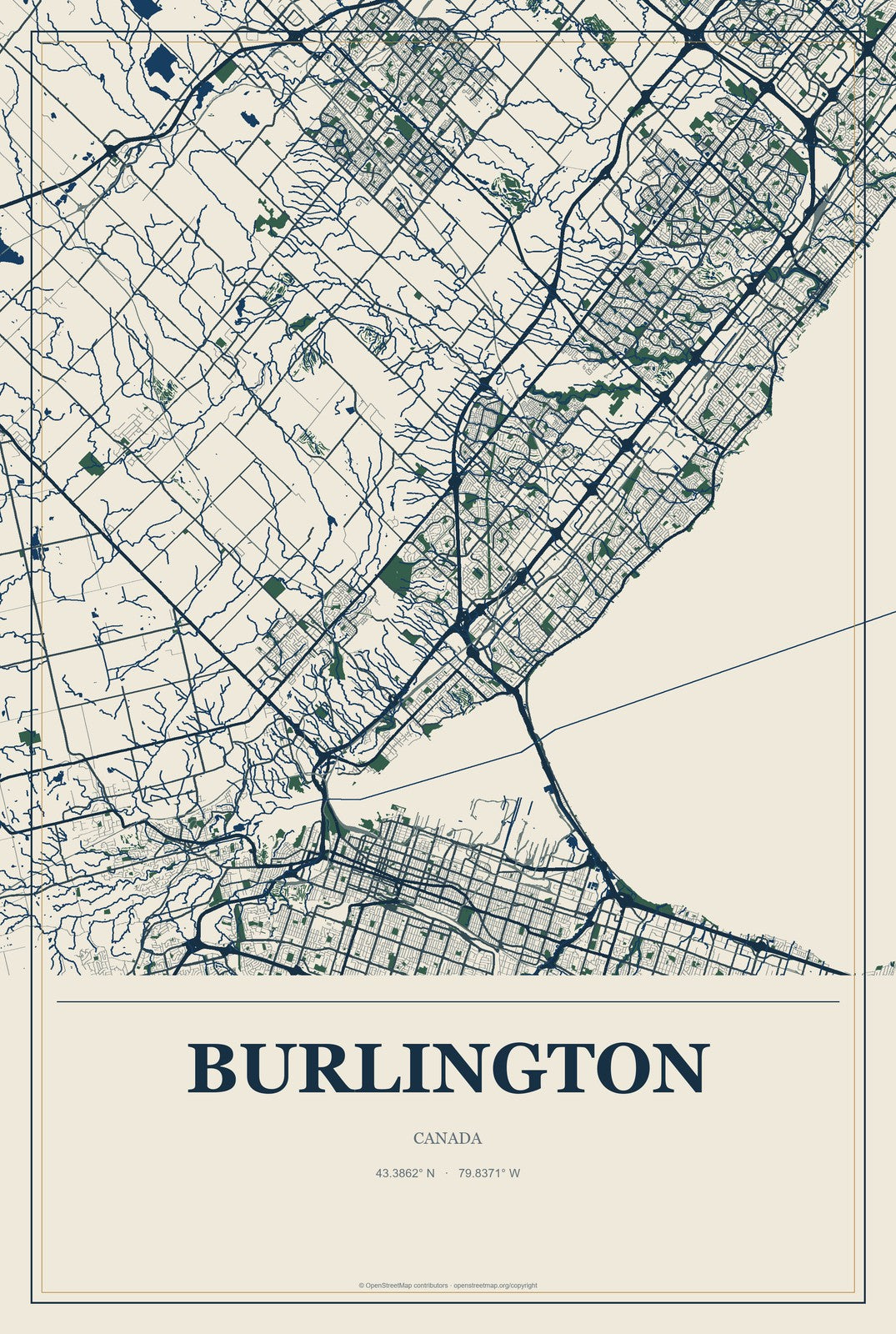 Burlington, Canada City Map Aluminum Sign in Coastal Cutout style