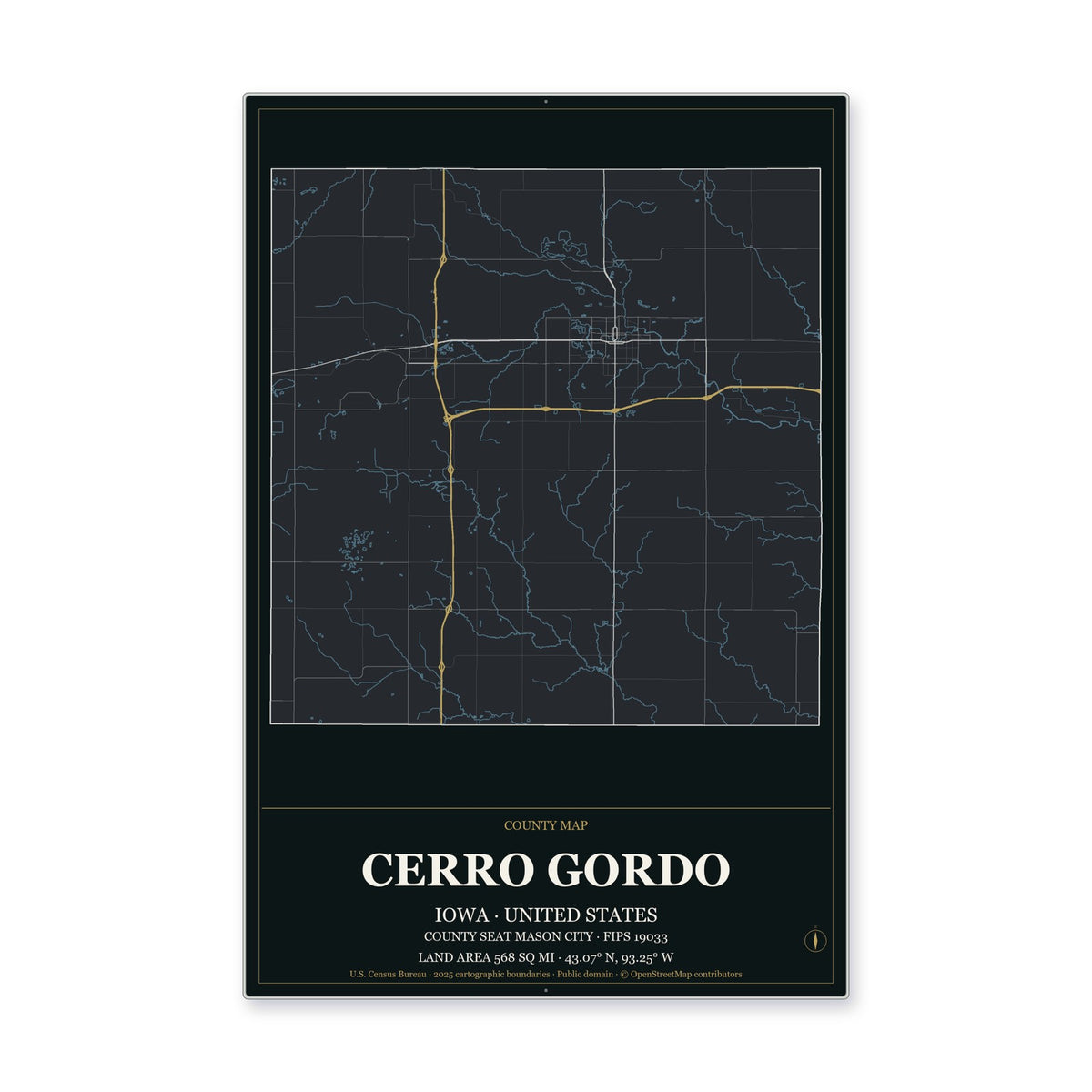 Cerro Gordo County, Iowa Map Aluminum Sign in Metropolitan Noir style