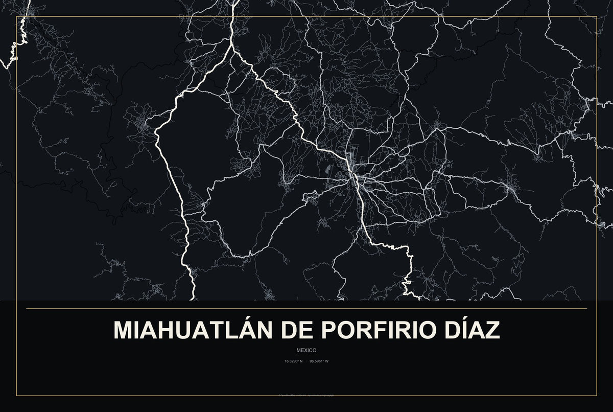 Miahuatlán de Porfirio Díaz, Mexico City Map Aluminum Sign in Metropolitan Noir style