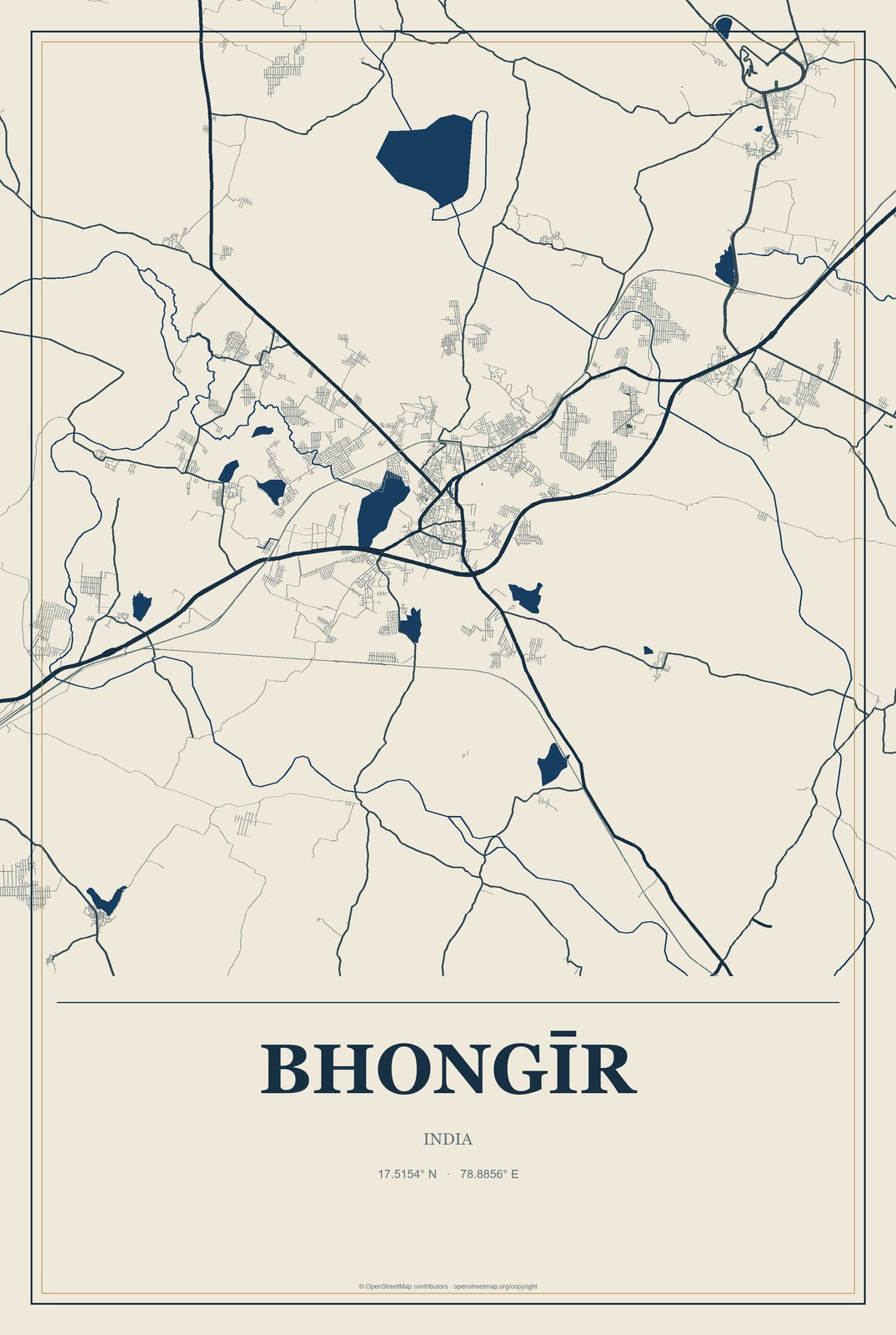 Bhongīr, India City Map Aluminum Sign in Coastal Cutout style
