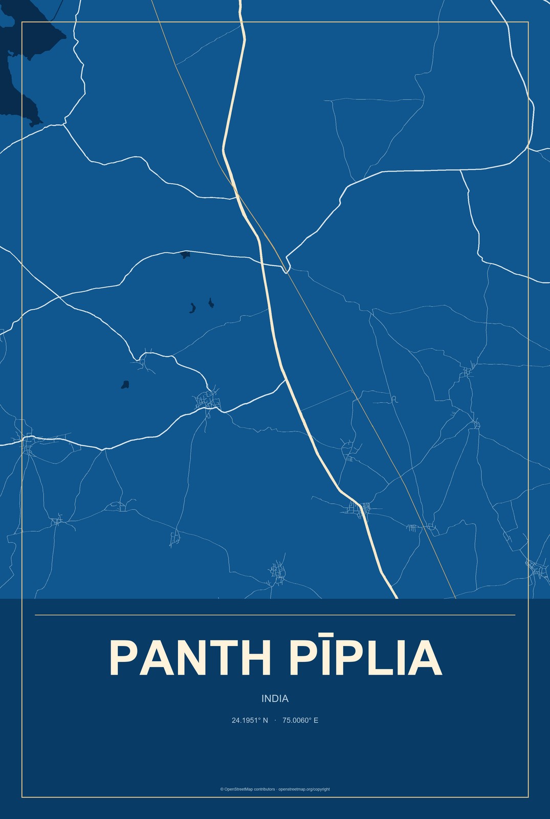 Panth Pīplia, India City Map Aluminum Sign in Harbor Cobalt style