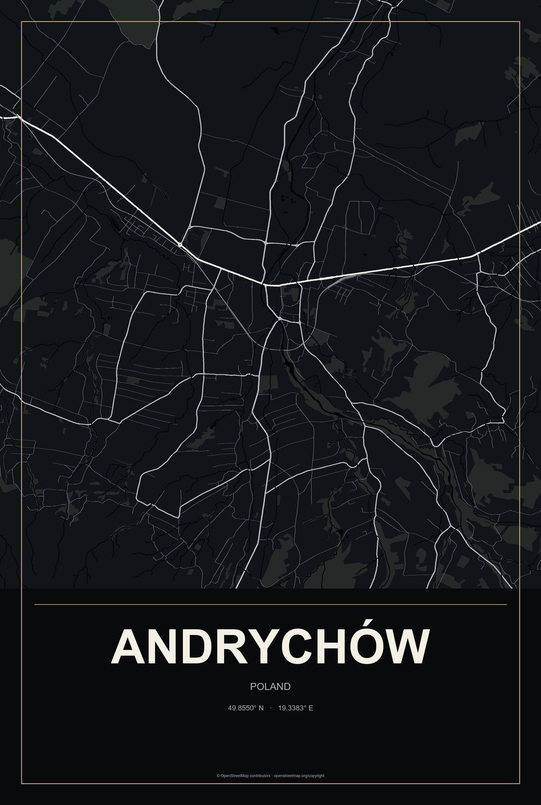 Andrychów, Poland City Map Aluminum Sign in Metropolitan Noir style
