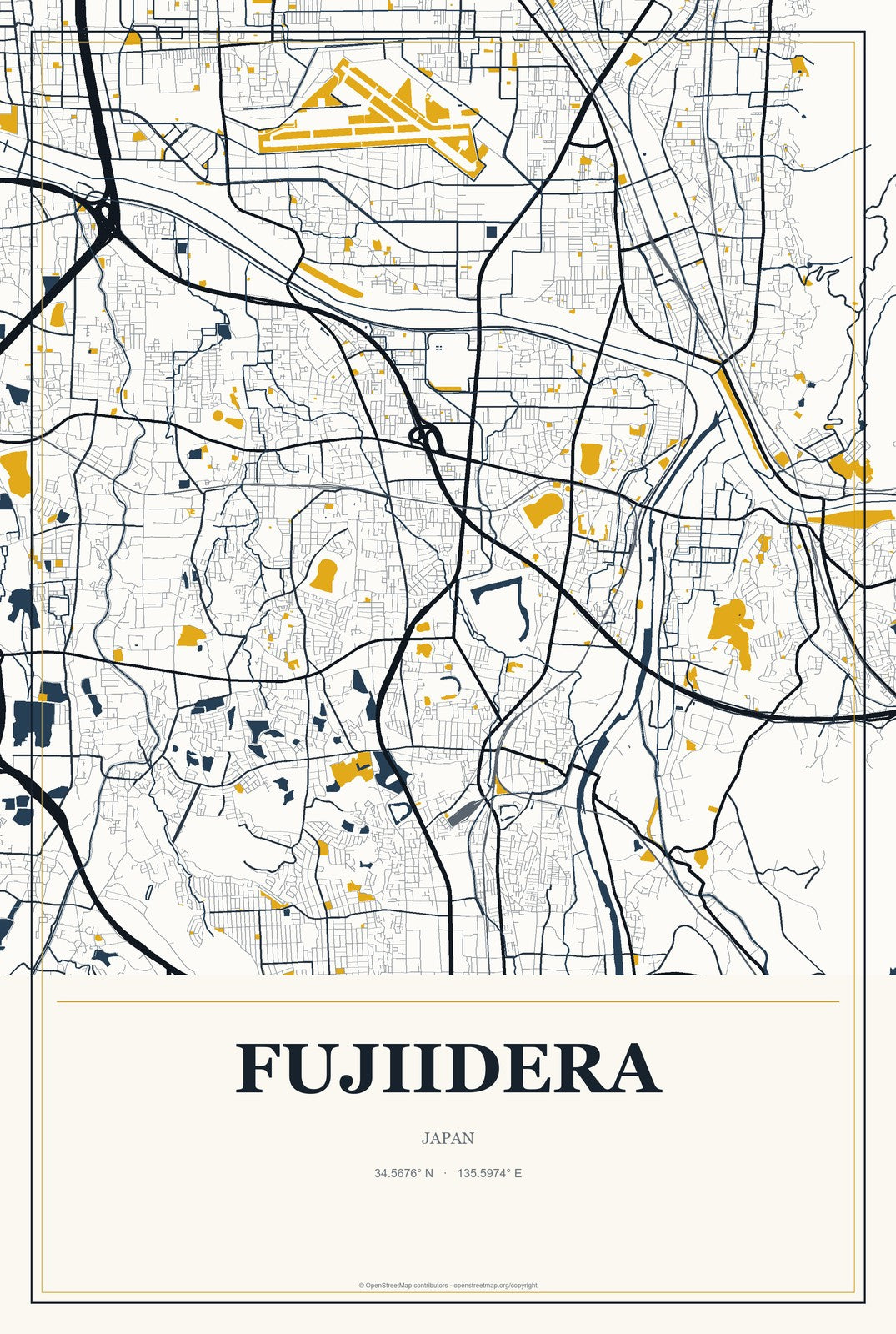 Fujiidera, Japan City Map Aluminum Sign in Citrine Modern style