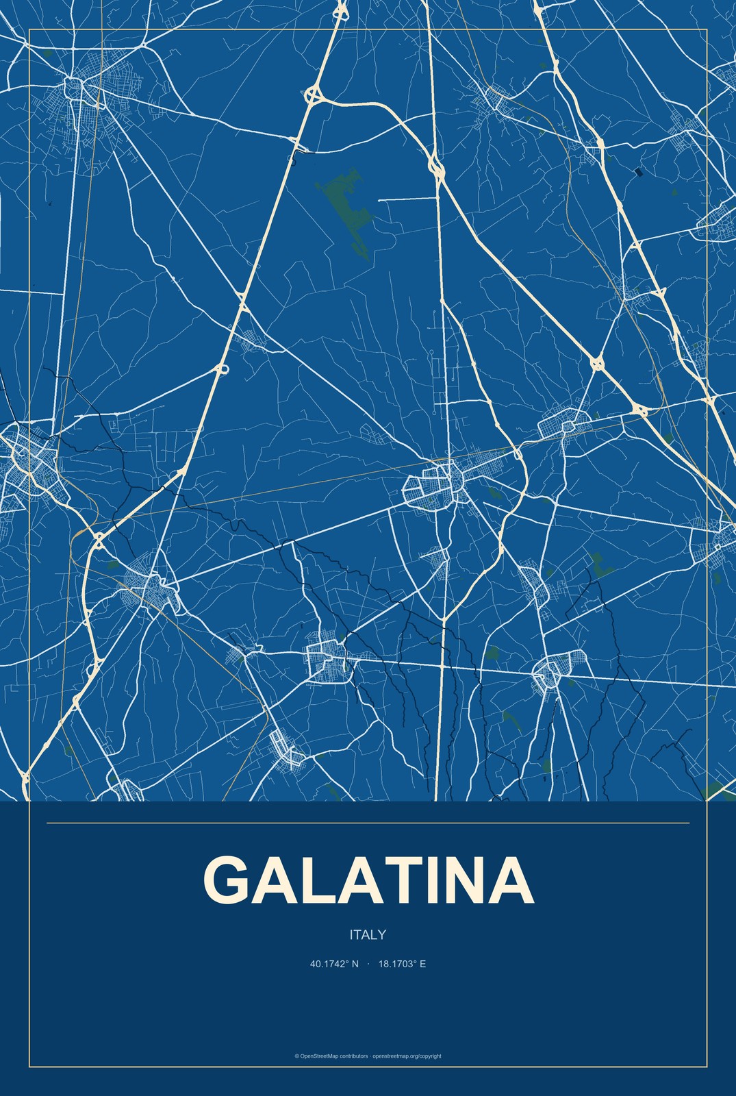 Galatina, Italy City Map Aluminum Sign in Harbor Cobalt style