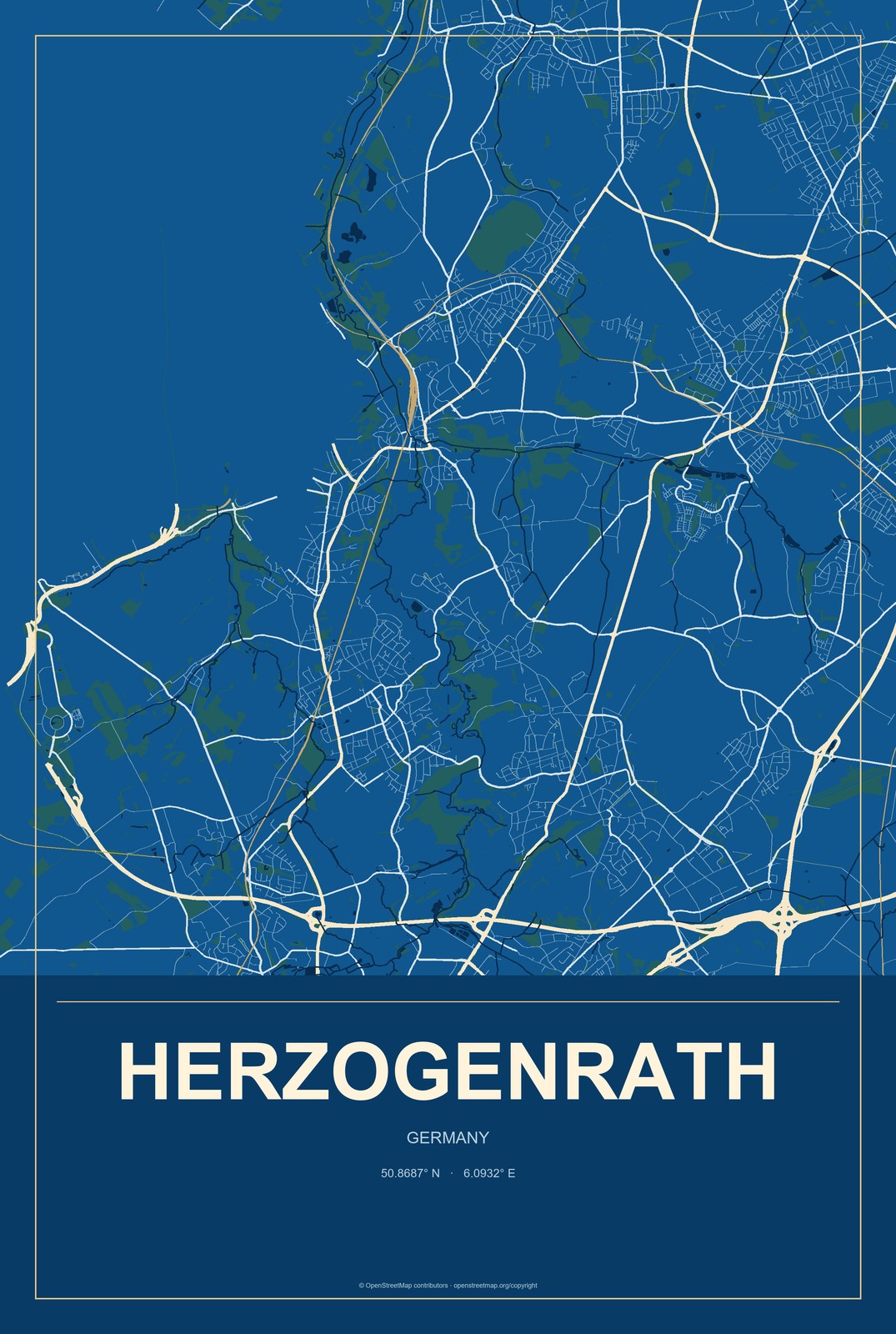 Herzogenrath, Germany City Map Aluminum Sign in Harbor Cobalt style