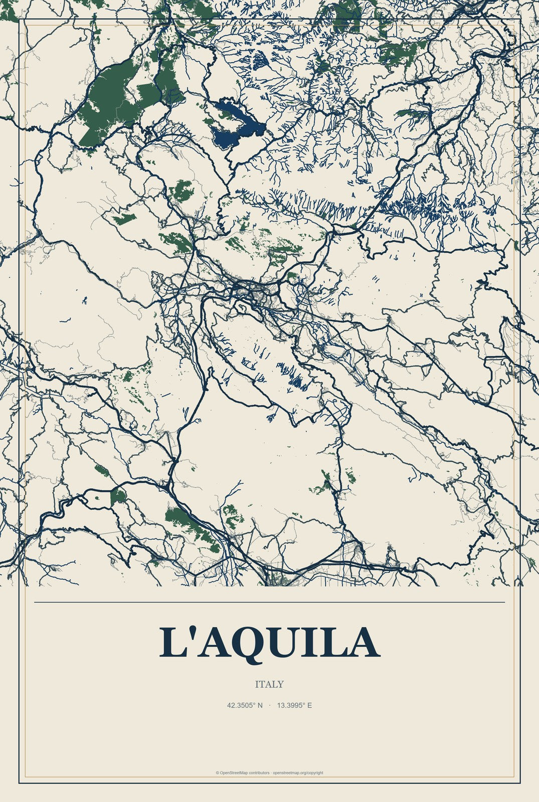 L'Aquila, Italy City Map Aluminum Sign in Coastal Cutout style