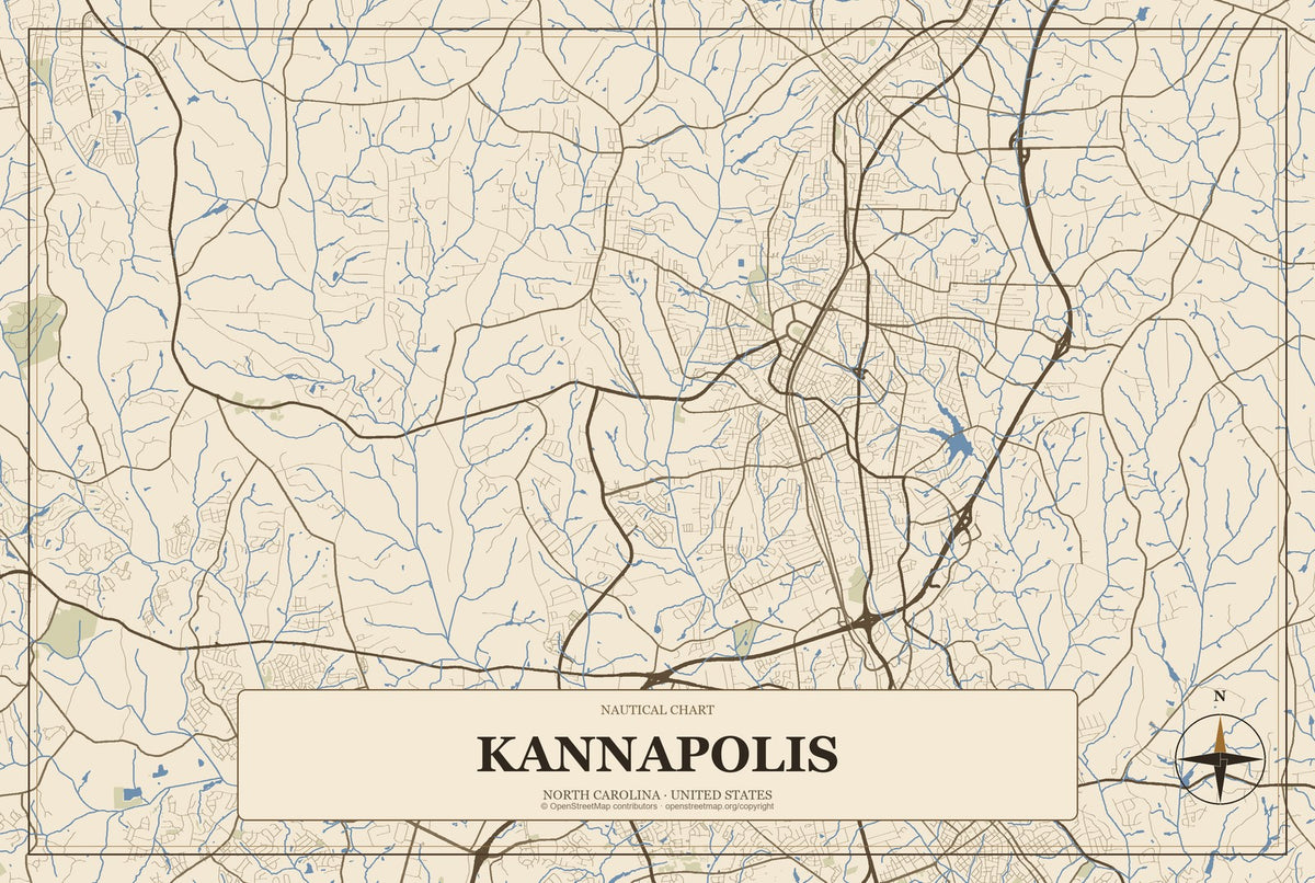 Kannapolis, North Carolina City Map Aluminum Sign in Heritage Nautical style