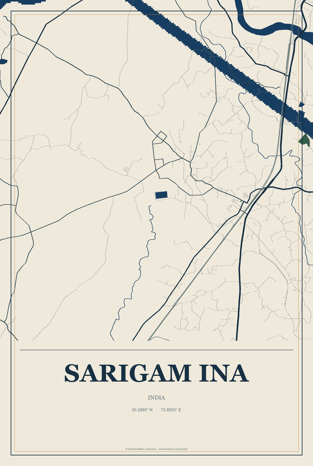 Sarigam INA, India City Map Aluminum Sign in Coastal Cutout style