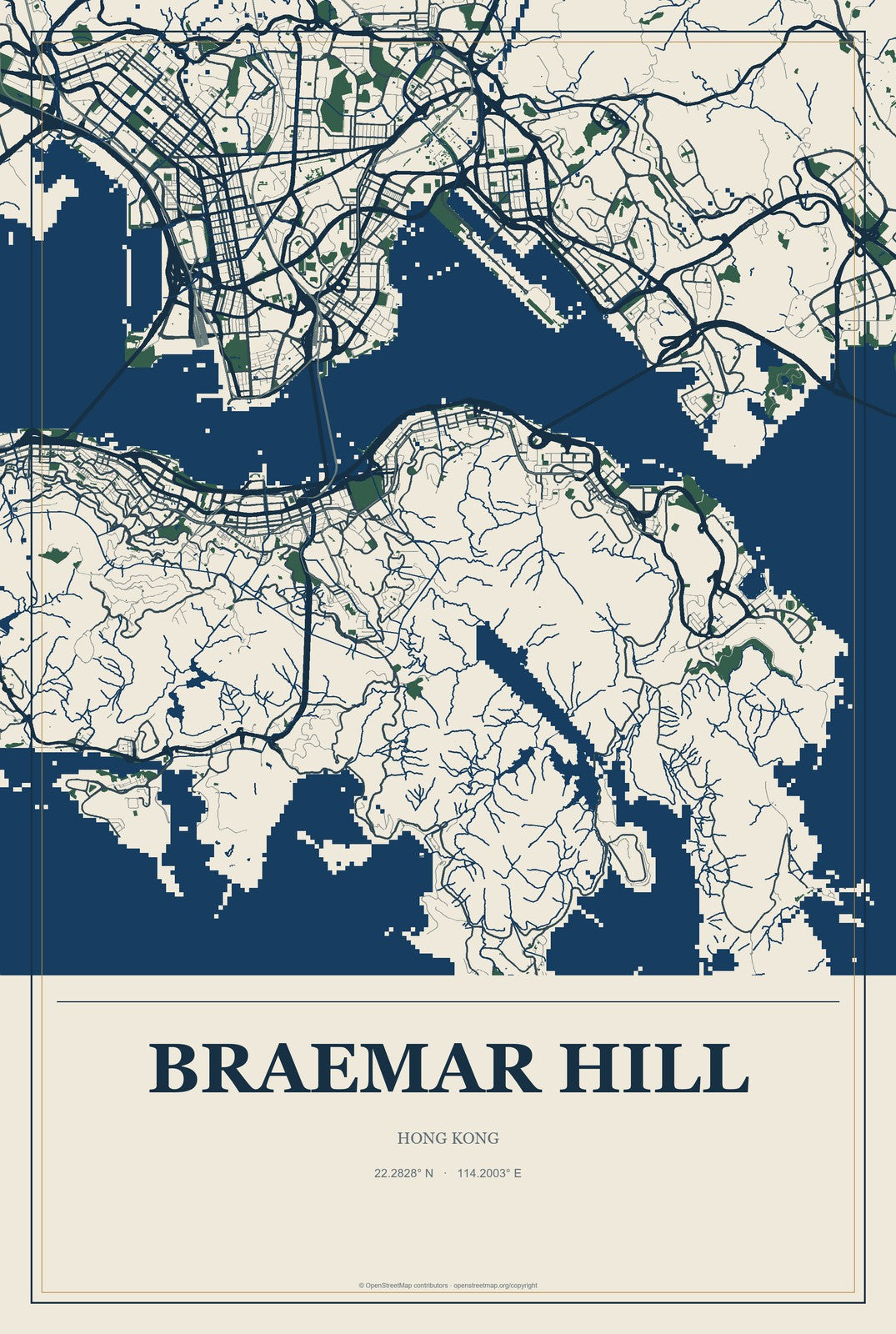 Braemar Hill, Hong Kong City Map Aluminum Sign in Coastal Cutout style