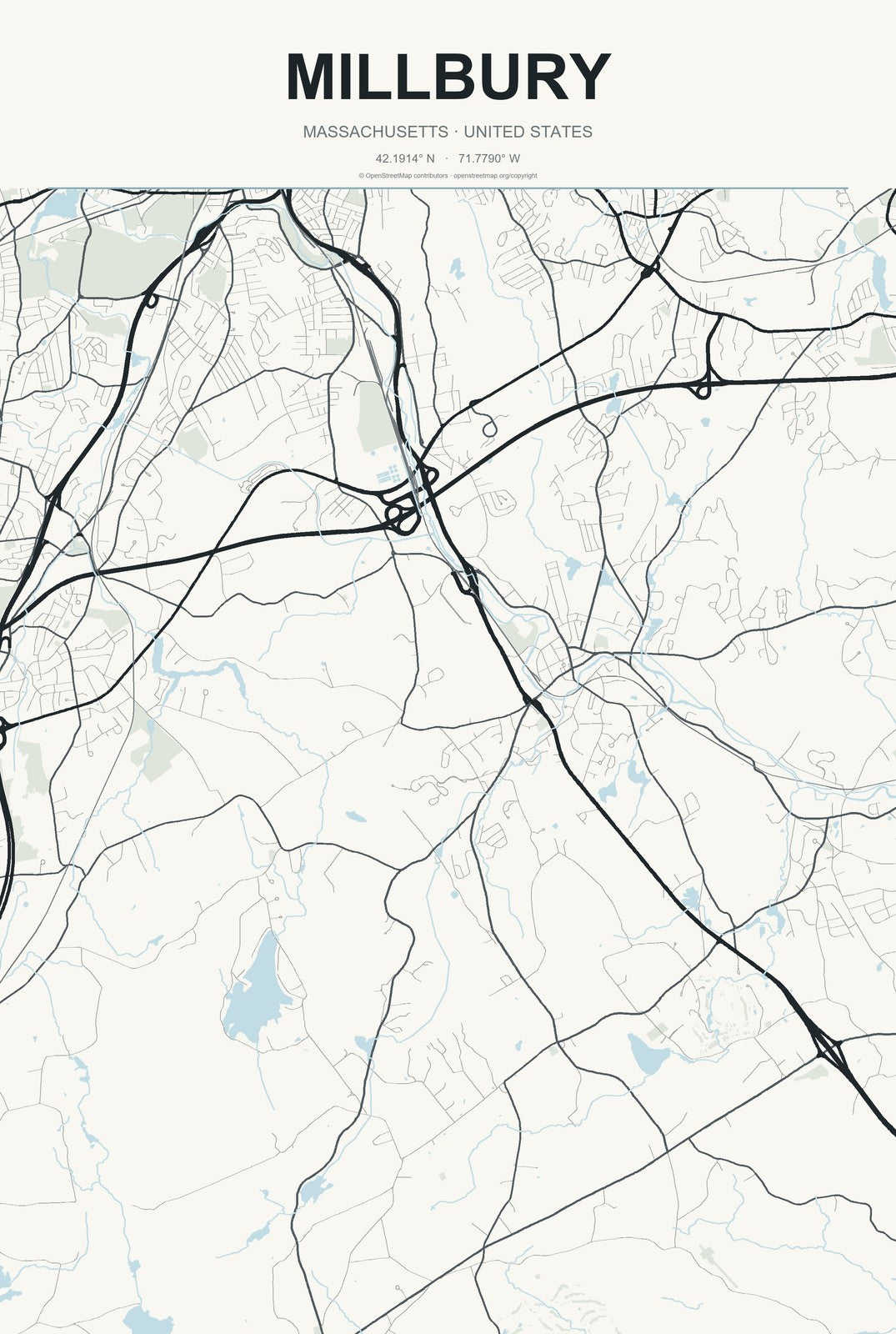 Millbury, Massachusetts City Map Aluminum Sign in Headline Atlas style