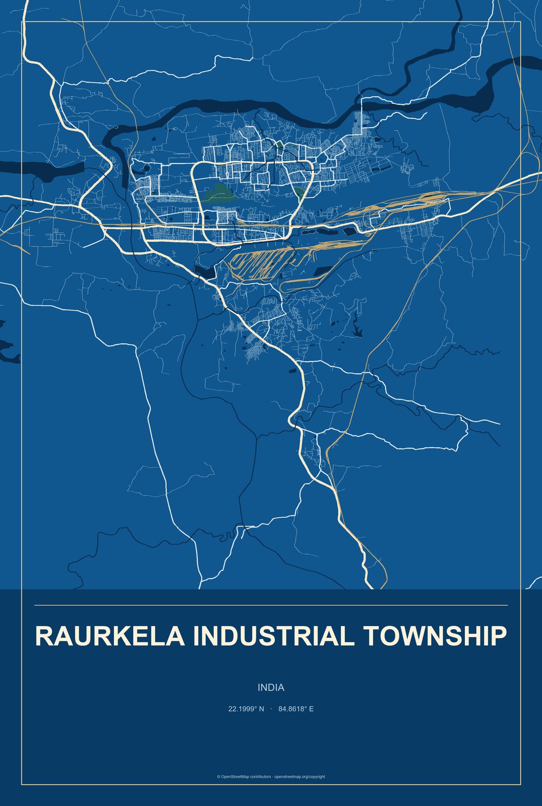 Raurkela Industrial Township, India City Map Aluminum Sign in Harbor Cobalt style