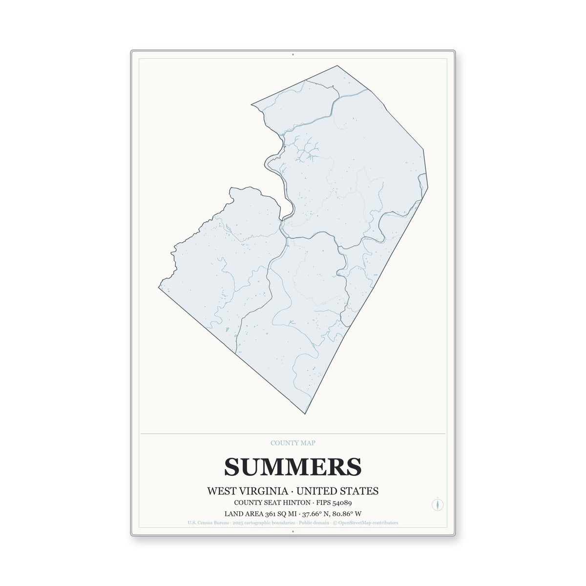 Summers County, West Virginia Map Aluminum Sign in Gallery Air style