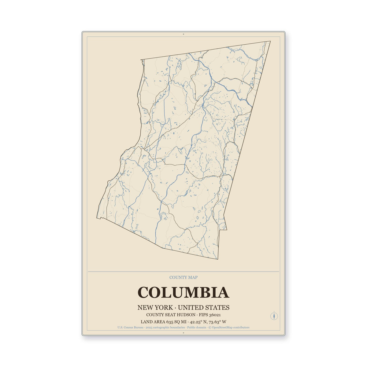 Columbia County, New York Map Aluminum Sign in Heritage Nautical style