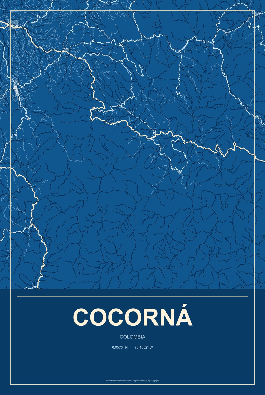Cocorná, Colombia City Map Aluminum Sign in Harbor Cobalt style