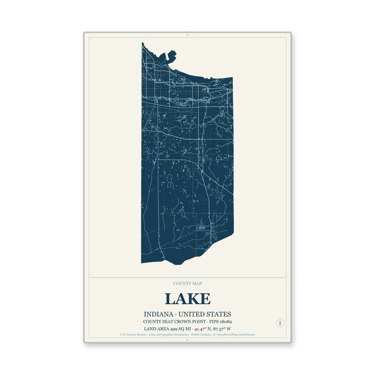Lake County, Indiana Map Aluminum Sign in Coastal Cutout style