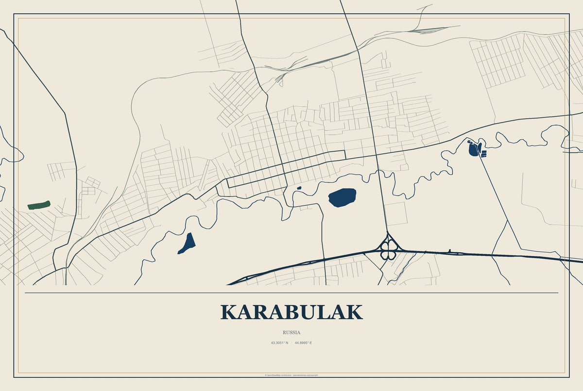 Karabulak, Russia City Map Aluminum Sign in Coastal Cutout style