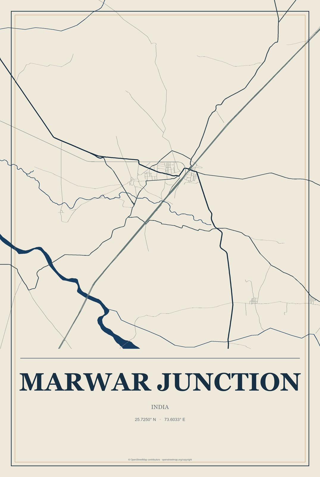 Marwar Junction, India City Map Aluminum Sign in Coastal Cutout style