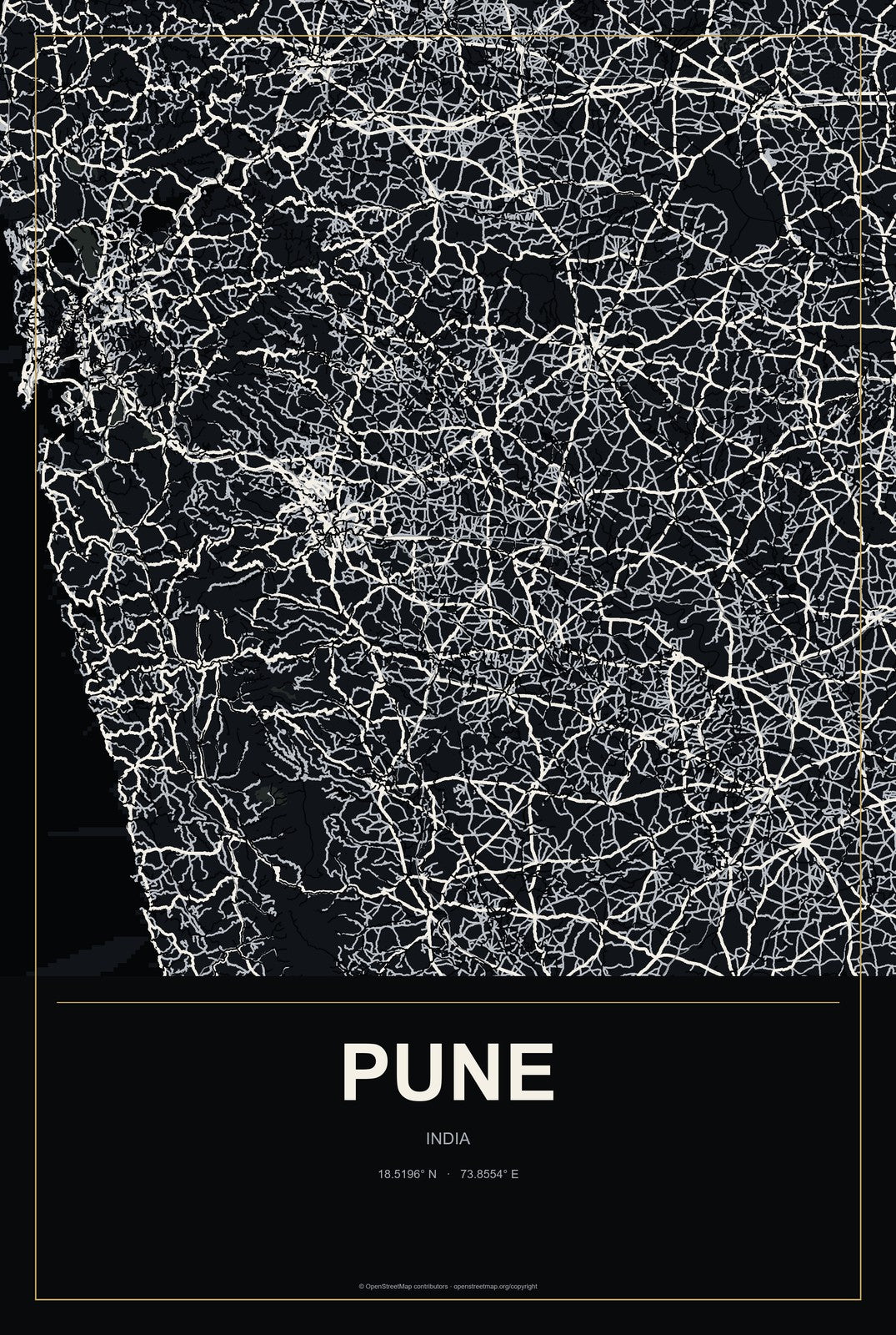 Pune, India City Map Aluminum Sign in Metropolitan Noir style