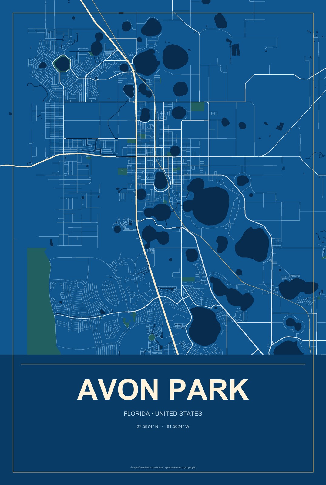 Avon Park, Florida City Map Aluminum Sign in Harbor Cobalt style
