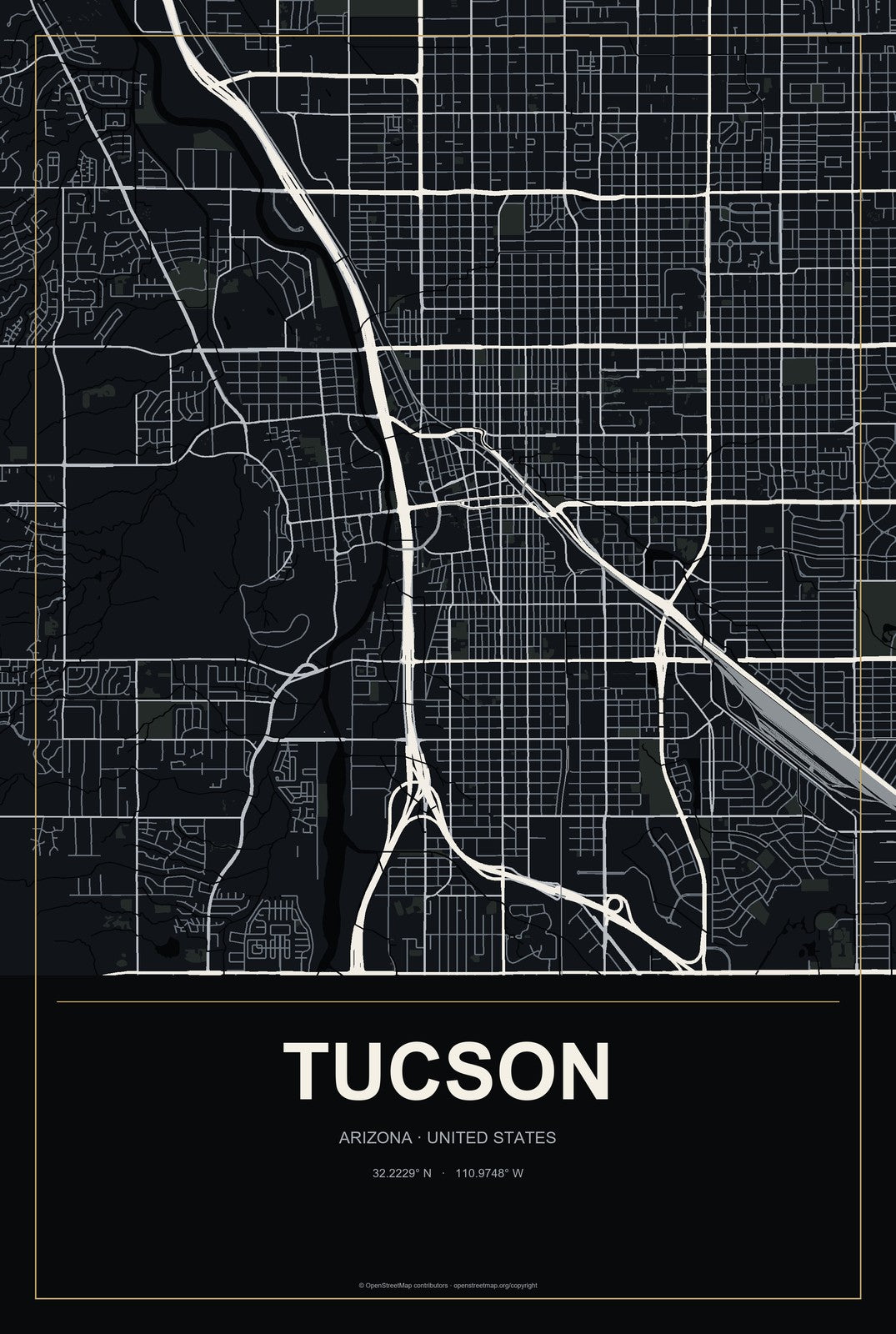 Tucson, Arizona City Map Aluminum Sign in Metropolitan Noir style
