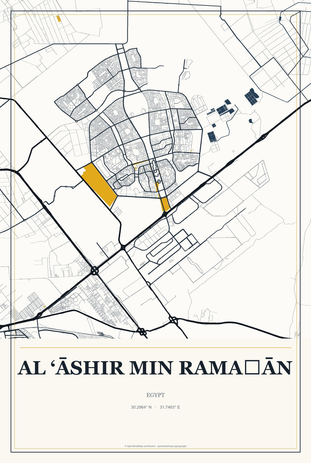 Al ‘Āshir min Ramaḑān, Egypt City Map Aluminum Sign in Citrine Modern style