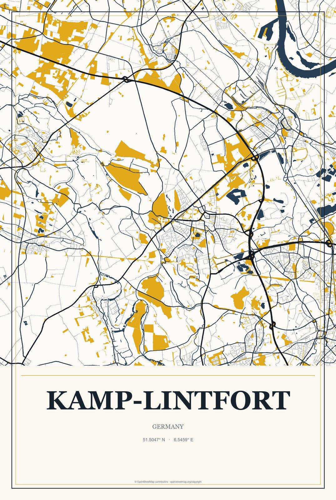 Kamp-Lintfort, Germany City Map Aluminum Sign in Citrine Modern style