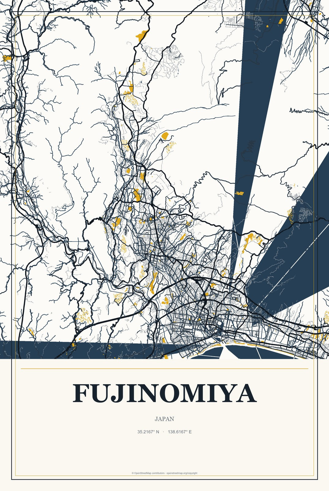 Fujinomiya, Japan City Map Aluminum Sign in Citrine Modern style