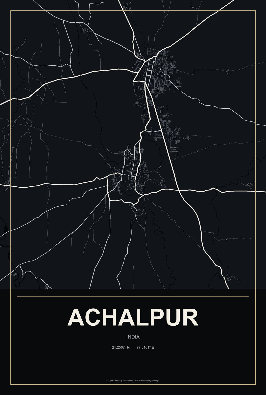 Achalpur, India City Map Aluminum Sign in Metropolitan Noir style