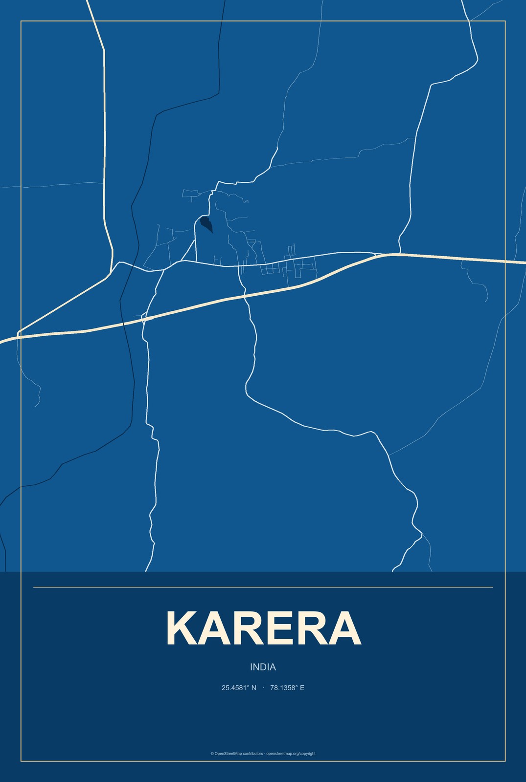 Karera, India City Map Aluminum Sign in Harbor Cobalt style