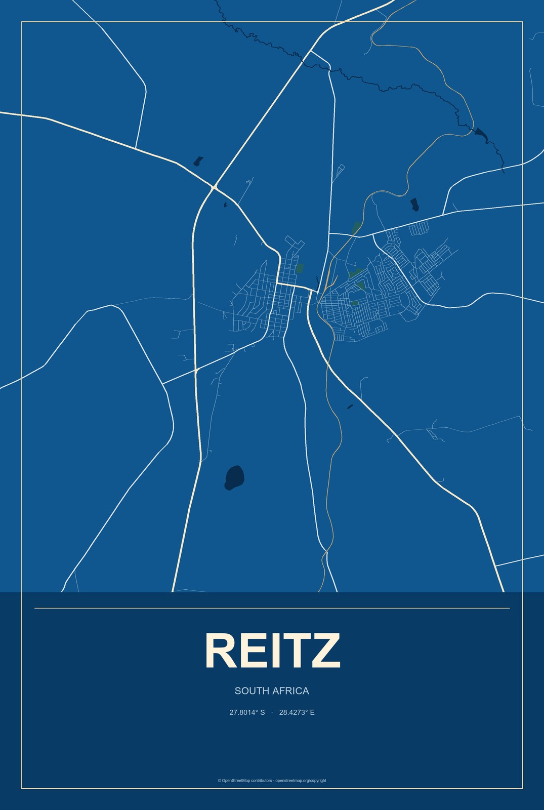 Reitz, South Africa City Map Aluminum Sign in Harbor Cobalt style