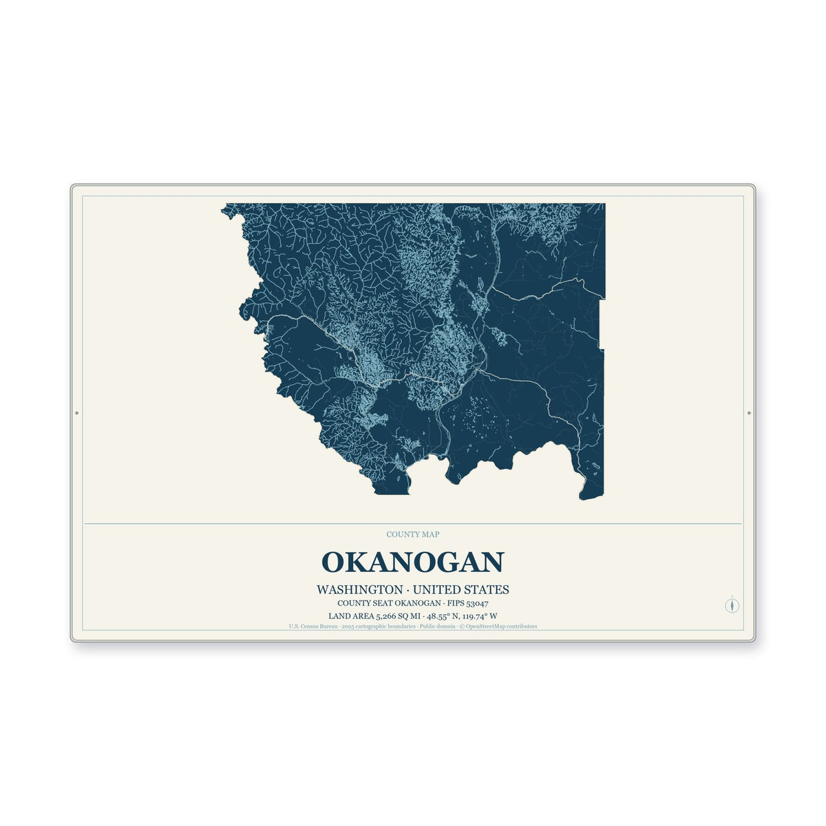 Okanogan County, Washington Map Aluminum Sign in Coastal Cutout style