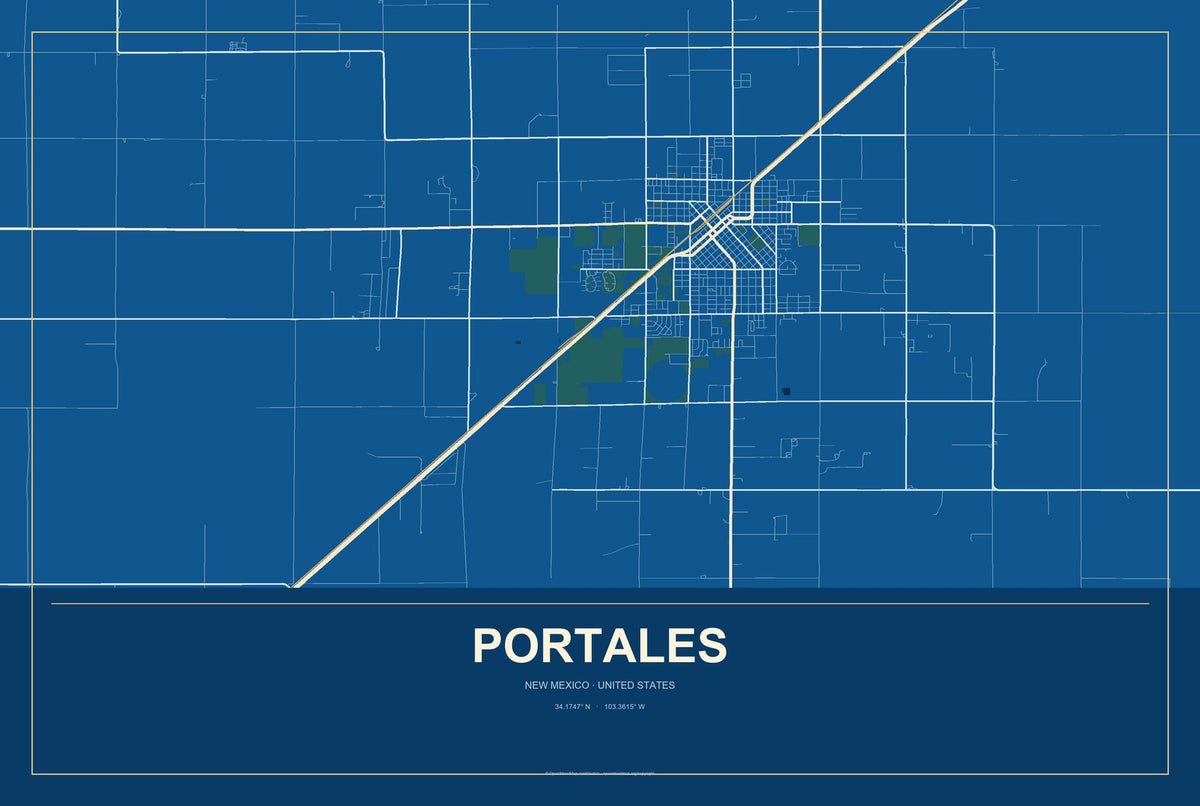 Portales, New Mexico City Map Aluminum Sign in Harbor Cobalt style