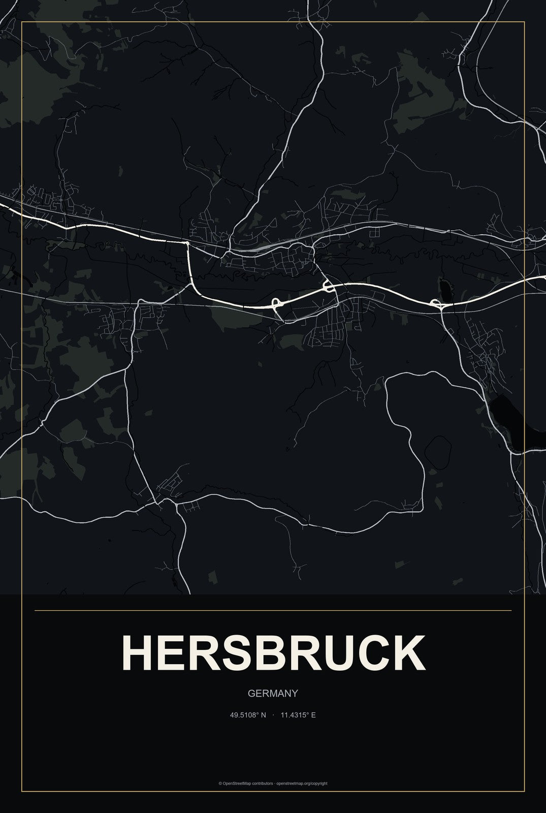 Hersbruck, Germany City Map Aluminum Sign in Metropolitan Noir style