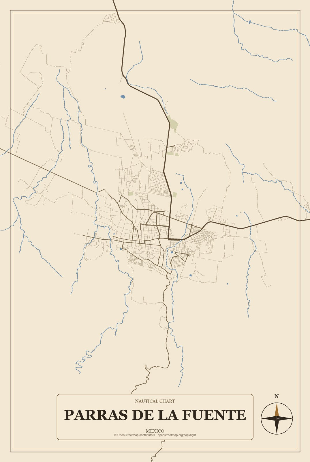 Parras de la Fuente, Mexico City Map Aluminum Sign in Heritage Nautical style