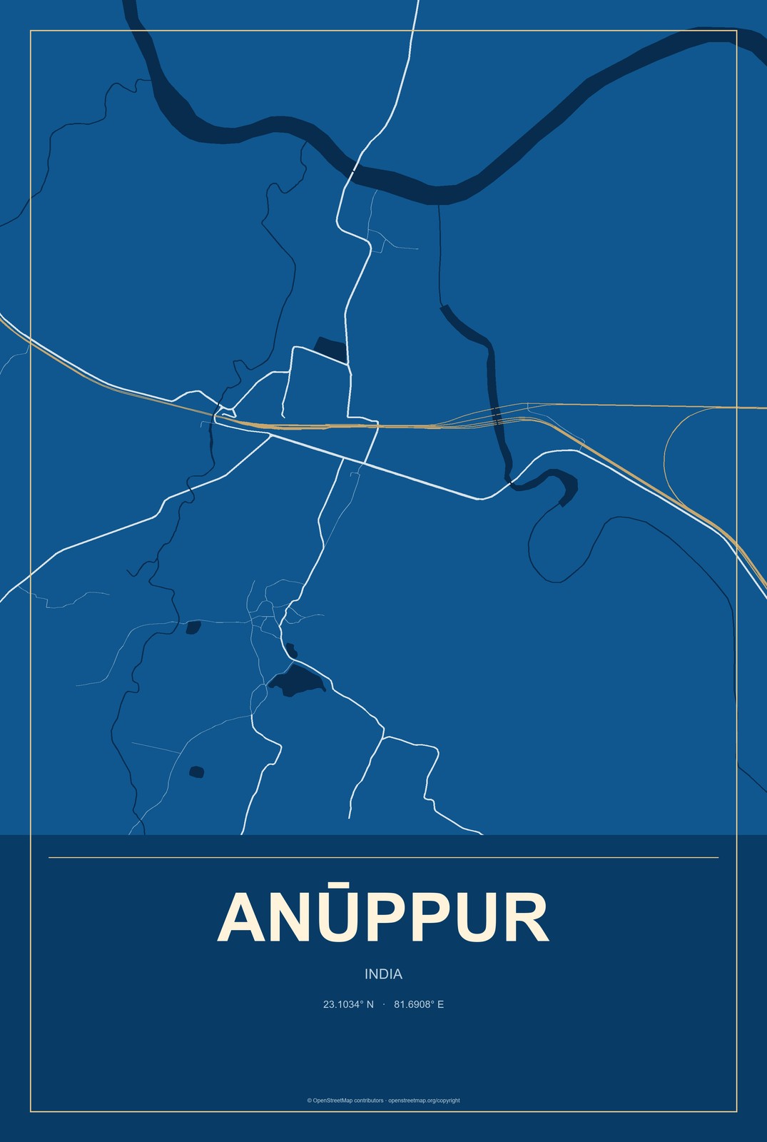 Anūppur, India City Map Aluminum Sign in Harbor Cobalt style