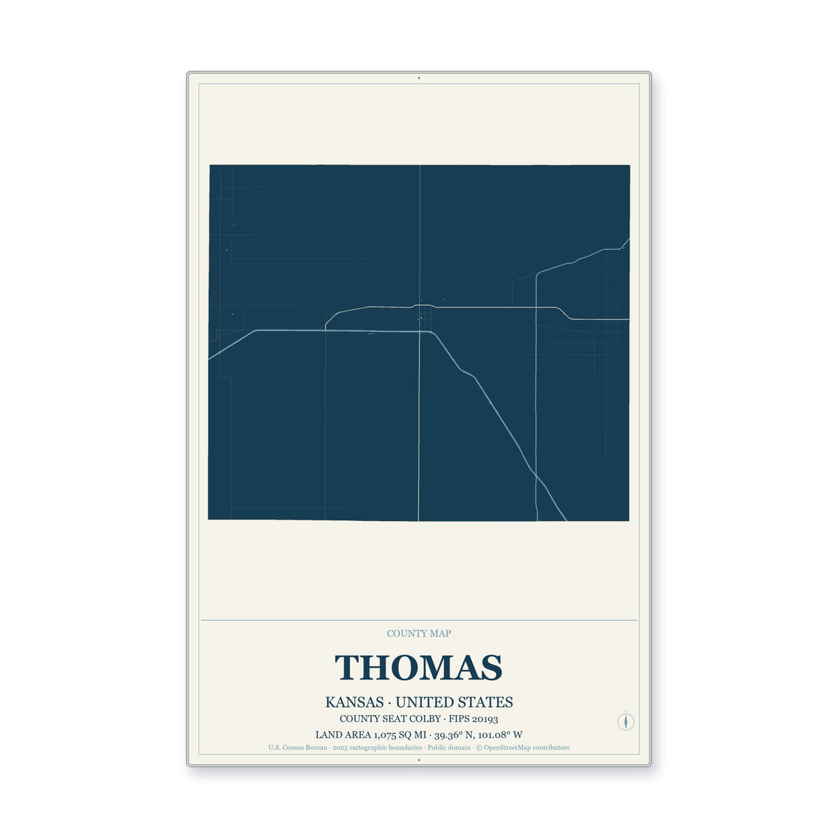 Thomas County, Kansas Map Aluminum Sign in Coastal Cutout style