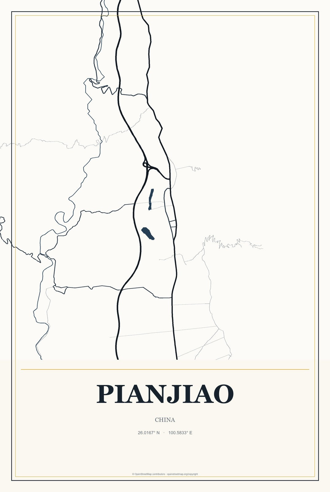 Pianjiao, China City Map Aluminum Sign in Citrine Modern style
