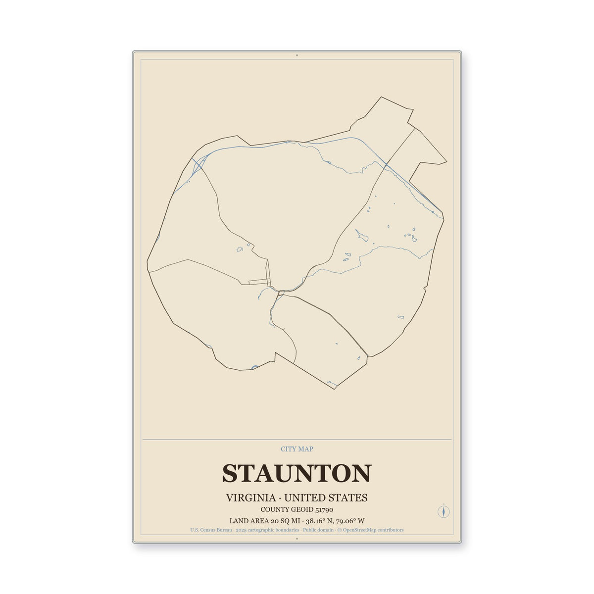 Staunton city, Virginia Map Aluminum Sign in Heritage Nautical style