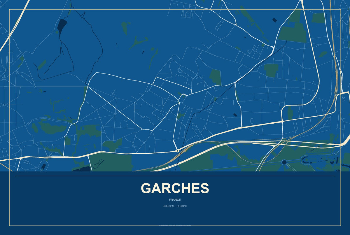 Garches, France City Map Aluminum Sign in Harbor Cobalt style