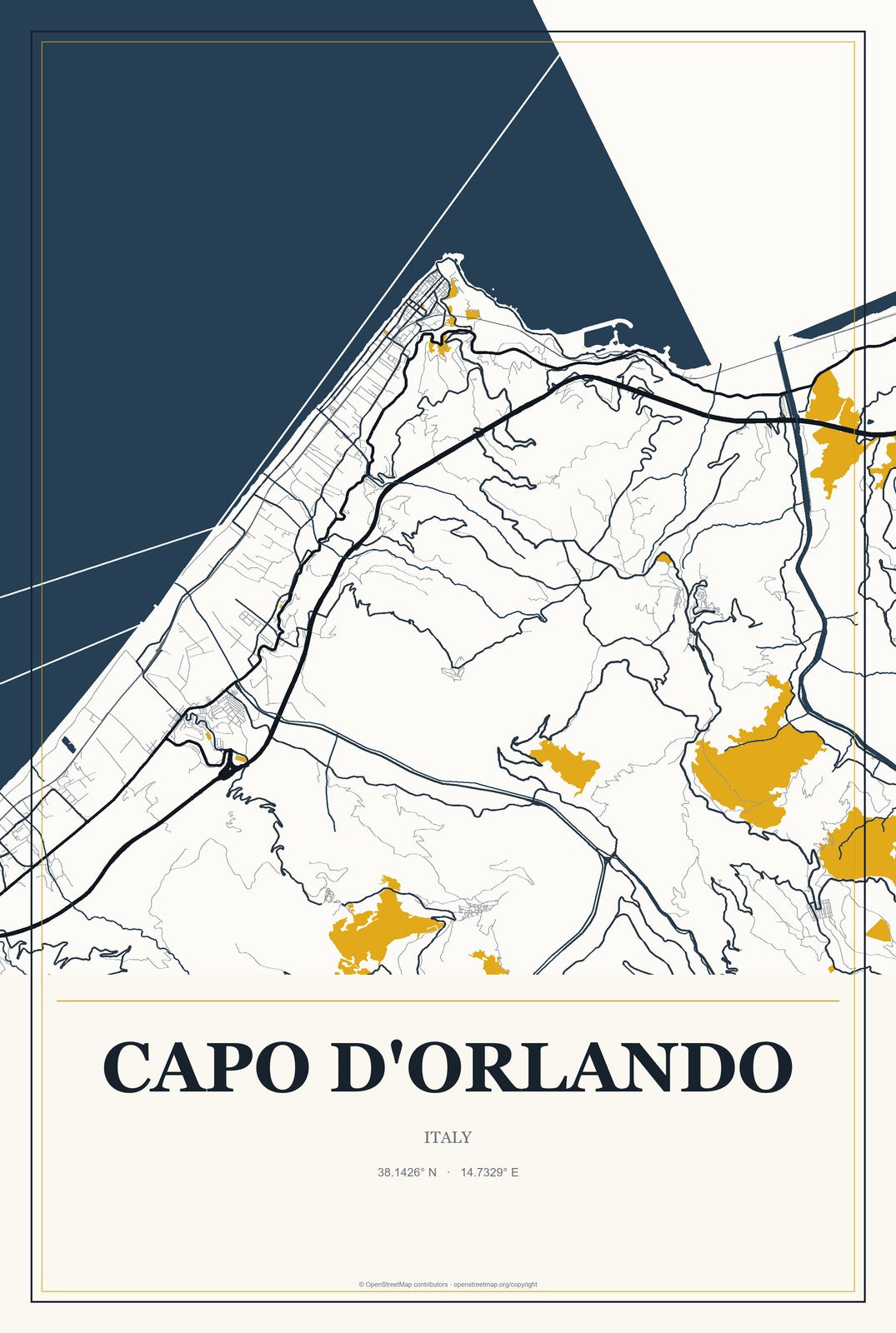 Capo d'Orlando, Italy City Map Aluminum Sign in Citrine Modern style